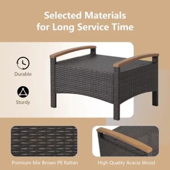 Tangkula Outdoor PE Wicker Ottoman Set of 2 Patio Rattan Footrest Seat with Soft Cushions & Curved Acacia Wood Handles Beige/Navy Blue/Red/Off White image {4}