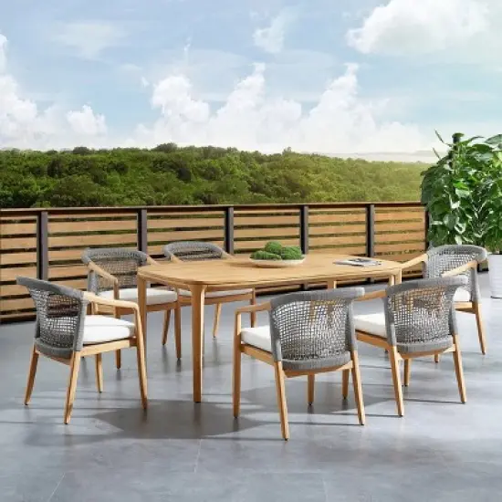 Linear Planked Wood 6 Piece Outdoor Dining Set Textured Weave Back Armchairs & Rectangular Table Ensemble image {2}