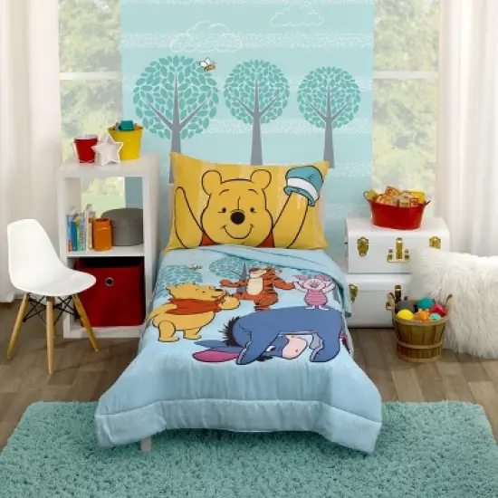 Disney Winnie the Pooh Funny Friends Aqua, Gold, Blue and Orange, Tigger, Eeyore and Piglet 4 Piece Toddler Bed Set image {8}