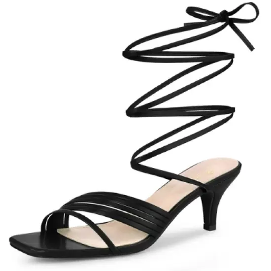 Perphy Square Toe Strappy Lace Up Kitten Heels Sandals for Women image {7}