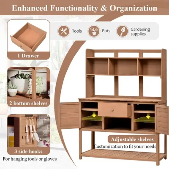 Garden Potting Bench with Hutch, 50.2" Fir Wood Gardening Workstation with Adjustable Shelves, Outdoor Planting Table for Backyard Balcony image {6}