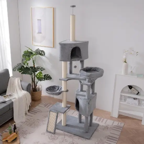 Cat Tree, 105 Inches Cat Tower for Indoor Cats, Multi-Level Cat Condo with 3 Perches, 2 Caves, Basket and Scratching Board for Kittens Pet House Play image {6}