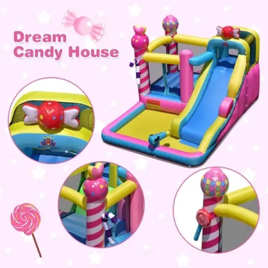 Costway Inflatable Bounce House Sweet Candy Bouncy Castle W/ Water Slide& 480W Blower image {5}