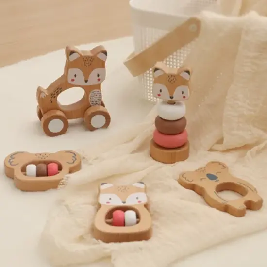 Freniland&trade; - Wooden Baby Rattle & Stacking Toy Set, Forest Friends 5 PCS Beechwood Infant Sensory Toys,Fox & Koala Grasping Combo in Pink for 10M+ image {1}