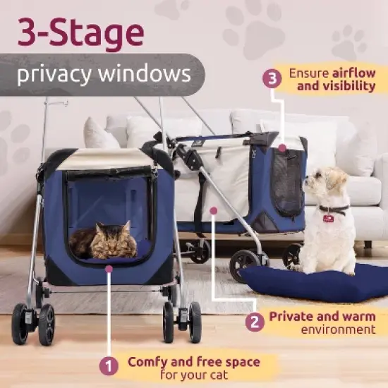 PetLuv Cat & Dog Stroller Foldable w/ Detachable Soft Pet Travel Carrier Fits 2 Cats or Medium Dog & Removable Plush Pillow Privacy Windows image {4}