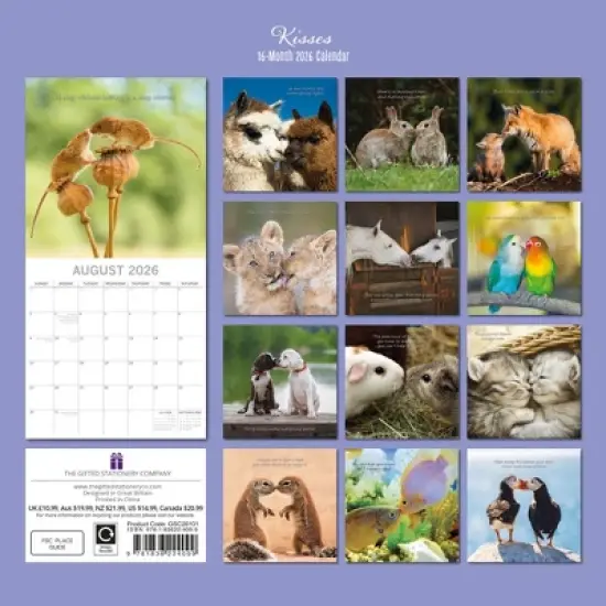 2026 Square Wall Calendar, Kisses, 16-Month Animals Theme with 180 Reminder Stickers (12x12 In) image {3}