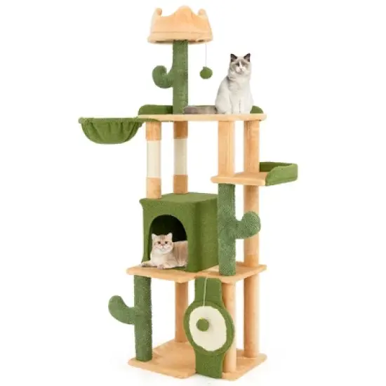 Tangkula 63" Cactus Cat Tree for Indoor Cats w/ Sisal Scratching Posts & Board Condo image {10}
