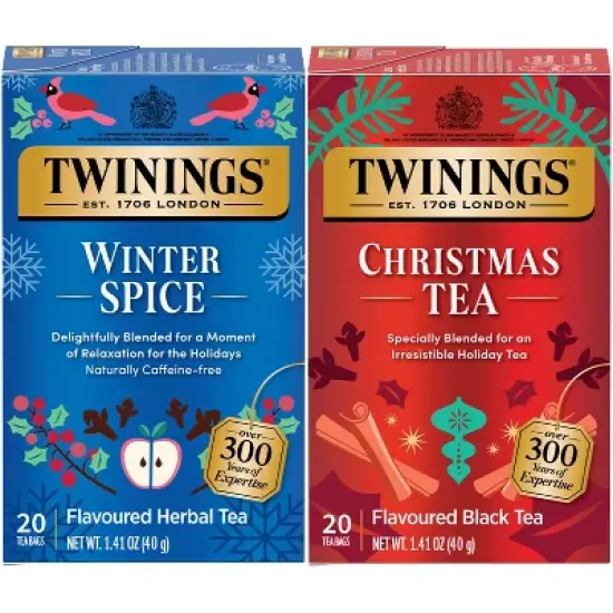 Twinings Holiday Sweet & Spicy Tea Variety 2-Pack &ndash; Caffeinated Christmas Tea and Caffeine-Free Winter Spice Herbal, Christmas Gift, 20 Tea Bags Ea image {9}