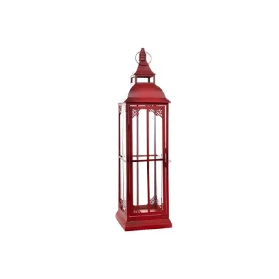 HomeRoots Set of Three Red Distressed Ornate Glass And Metal Floor Lantern Candle Holders image {4}