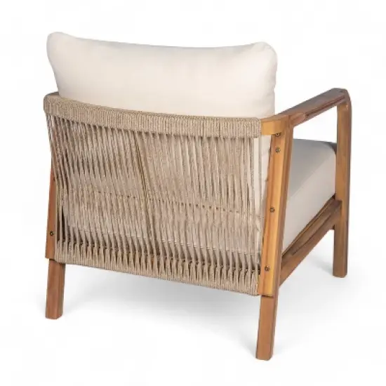 Christopher Knight Home Ivana Patio Woven Rope Acacia Wood Club Chair with Deep Cushions image {4}