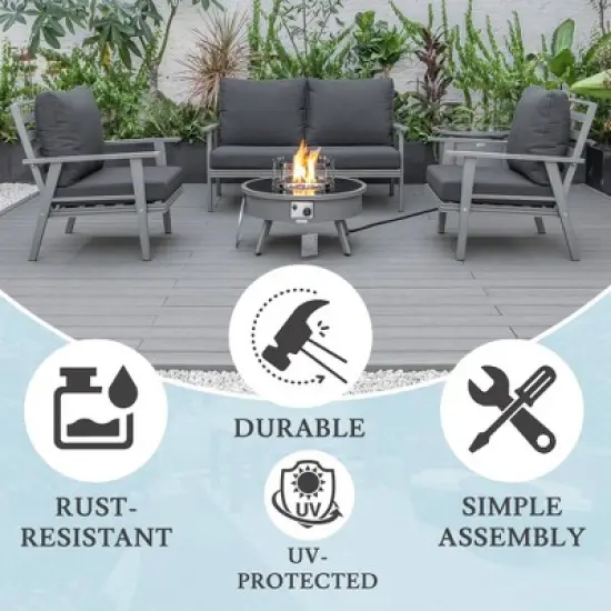 LeisureMod Walbrooke 4-Piece Outdoor Patio Conversation Set &ndash; Grey Trim Fire Pit Table with Cushioned Ottoman for Patio, Deck, Balcony & Backyard image {6}