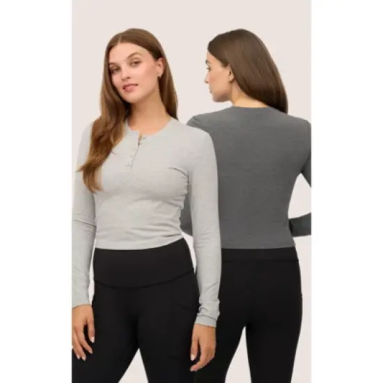 Yogalicious Womens 2 Pack Velvety Heather Valentina Long Sleeve Henley Crop Top image {3}