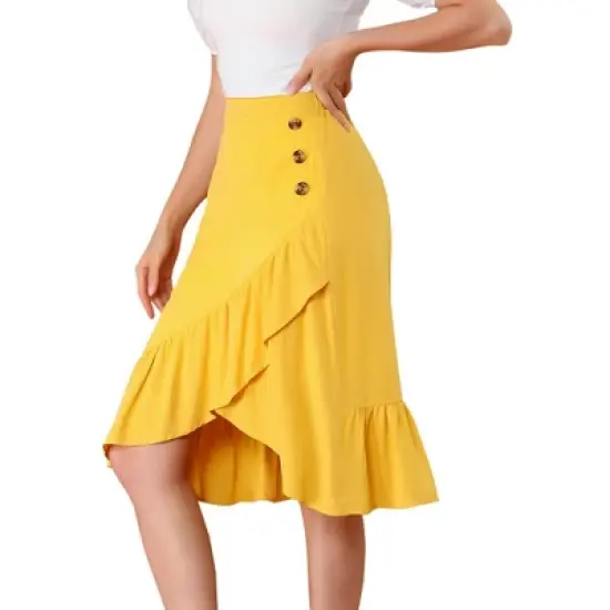 Allegra K Women's Button Decor High Waist Solid Color Asymmetrical Ruffle Skirt image {6}