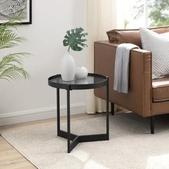 Modern Minimalist Tray Top Round Glass Side Table Black - Saracina Home image {1}