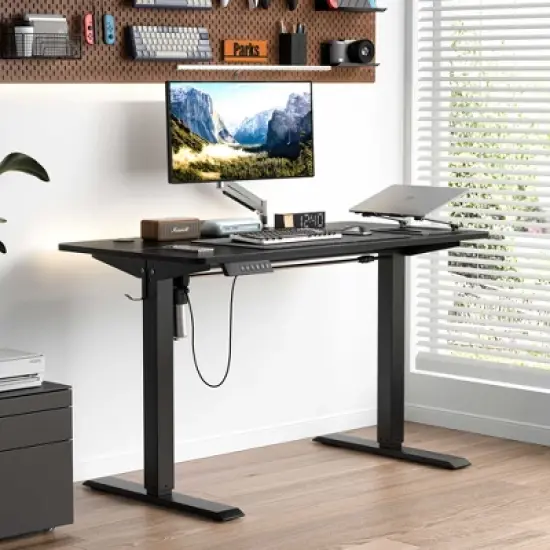 VECELO Electric Standing Office Desk Adjustable Height, Computer Desk with Headphone Hook, Memory Preset Gaming Desk, Dual-Motor,  Black image {1}