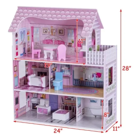 Costway 28'' Pink Dollhouse w/ Furniture Gliding Elevator Rooms 3 Levels Young Girls Toy image {9}