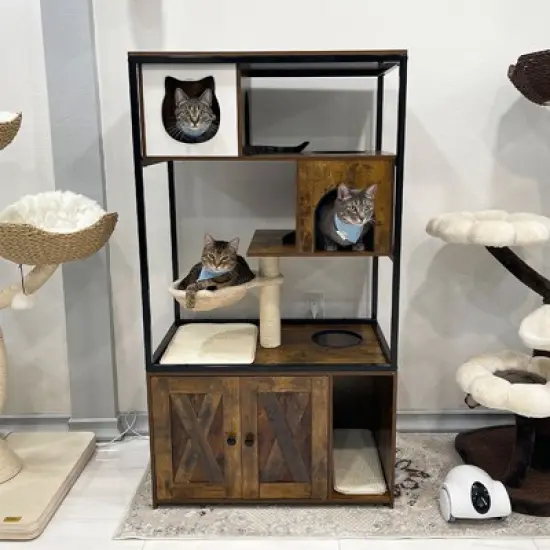 Aivituvin Wooden 3-Story Cat Condo with Litter Box Enclosure| Strong Iron Frame-AIR102 /102-I image {2}