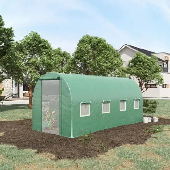 Outsunny Extra-Large Walk-in Tunnel Hoop Greenhouse, PE Cover, Steel, Roll-Up Zipper Door & Windows for Flowers, Vegetables, Tropical Plants, Green image {2}