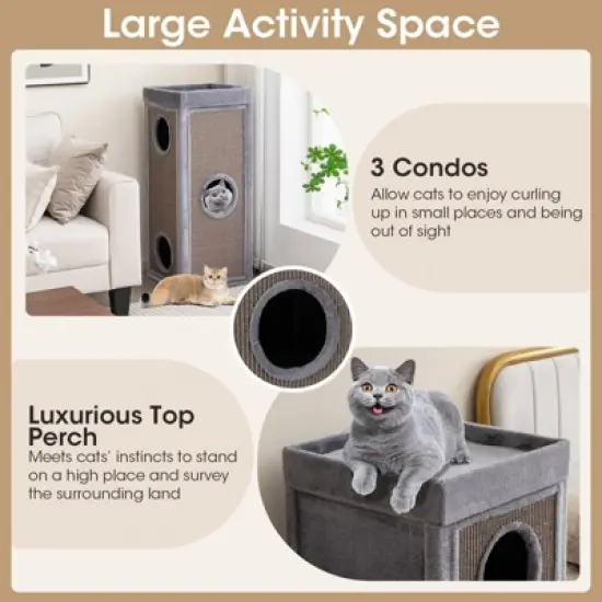 Costway 4-Story Cat House 39'' Cat Condo with Scratching Posts & 4 Soft Plush Cushions Gray/Natural image {7}
