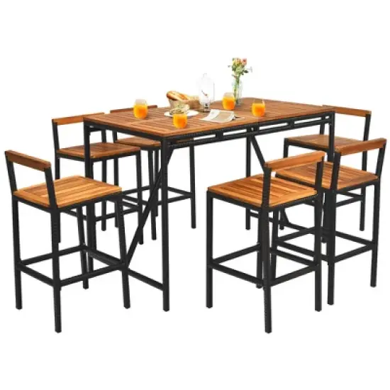 Costway 7PCS Patio Rattan Bar Set Acacia Wood Frame Stools Table Umbrella Hole image {9}