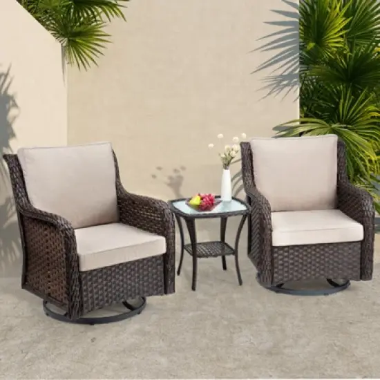 3 Pieces Outdoor Wicker Swivel Rocker Patio Set, 360-Degree Swivel Rocking Chair Elegant Wicker Patio Bistro Set with Tempered Glass Top Side Table image {8}