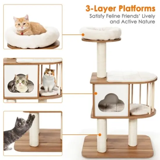 Costway 46'' Modern Wooden Cat Tree with Platform & Washable Cushions for Kittens & Cats image {8}