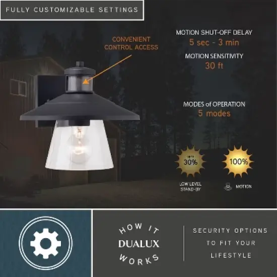 VAXCEL Westport Steel LED Compatible Black Motion Sensor Dusk to Dawn Outdoor Wall Light Coastal Clear Glass image {3}