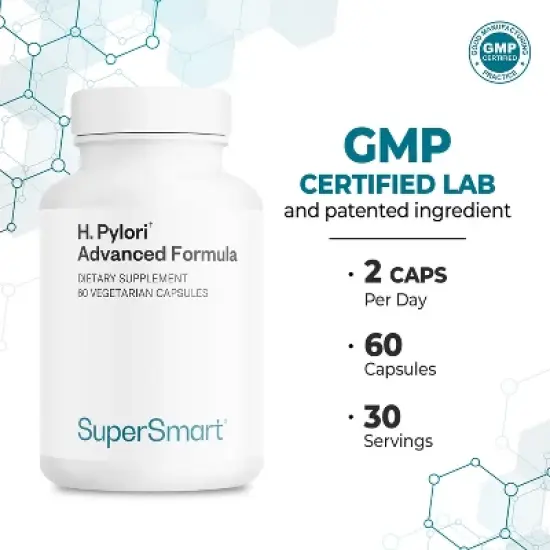SuperSmart H. Pylori Advanced Formula (Mastic Gum, Probiotics & Prebiotic) - Complete Action Non-GMO & Gluten Free - 60 Vegetarian Capsules image {3}