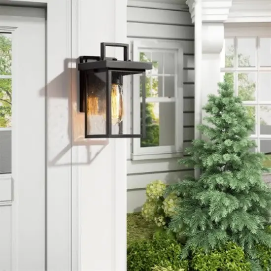 10.5" Square Metal/Glass Outdoor Wall Lamp Black - LNC image {8}
