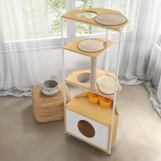 Corner Cat Tower, Cat Tree with Scratching Post, Cat Condo with Feeding Station and Climbing Platforms, Pet Furniture for Indoor Cats image {2}