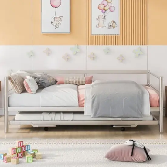 Twin Size Daybed With Pop Up Trundle, Bed Frame With Braces Safety Guardrail, No Box Spring Needed, Sturdy Metal Slat Support, Folding Platform Bed image {2}