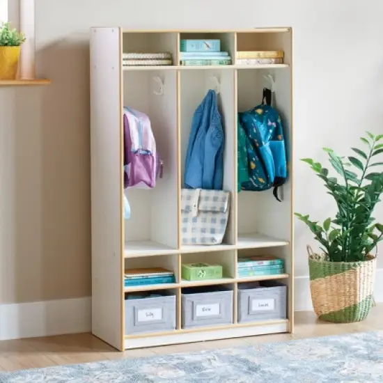 Guidecraft EdQ 3-Section Wooden Storage Locker for Classroom, Kids Cubby Organizer with Shelves and Hooks for Coats image {6}