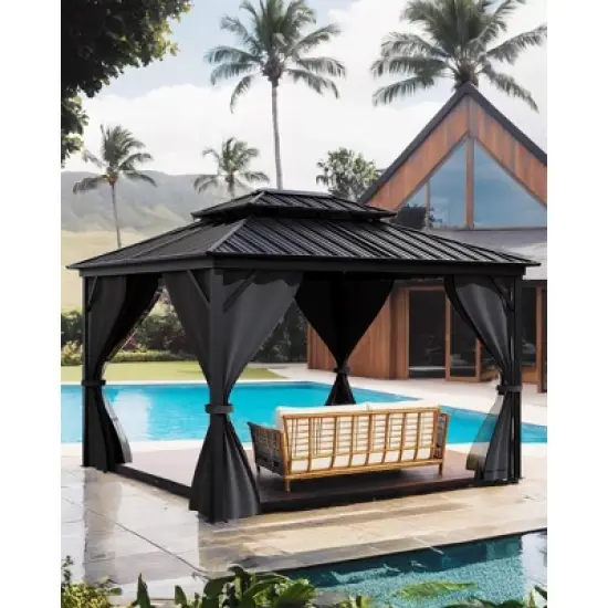 Hardtop Gazebo  for All Weather, with Double Metal Roof, Aluminum Alloy Frame, Net, and Curtain, Permanent Building for Patio, Deck, Backyard, Lawn image {2}
