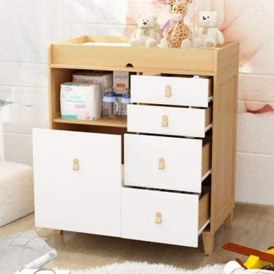 FUFU&GAGA Baby Changing Table Storage Cabinet Large Operating Table Four Drawers Leather Handles Solid Wood Table Corners Practical and Safe image {9}