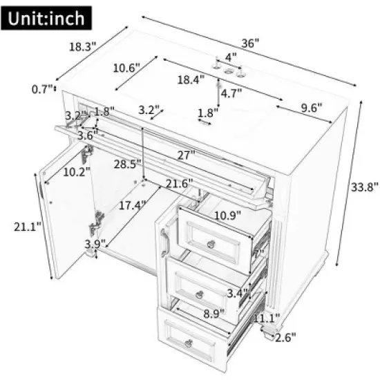 36" Bathroom Vanity with Sink, White Vanity Cabinet with Flip-Out Drawer, 3 Drawers, 2 Soft-Close Doors image {5}