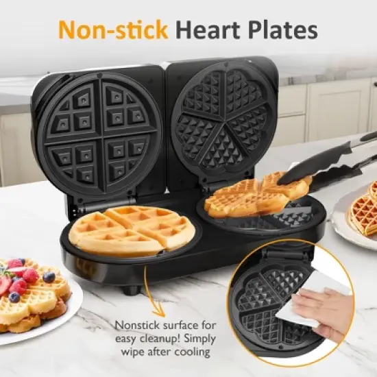 Heynemo Dual Waffle Maker: Heart Waffle & Classic Waffle Iron with 2 Adjustable Temp Knobs, Nonstick Waffle Machine with Indicator Light image {5}