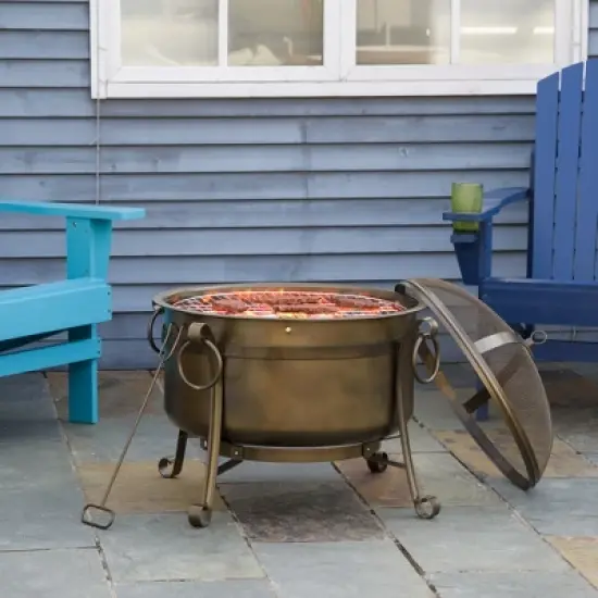 Outsunny 30" Outdoor Fire Pit Grill, Portable Steel Wood Burning Bowl, Cooking Grate, Poker, Spark Screen Lid for Patio, Camping, Bronze Colored image {1}