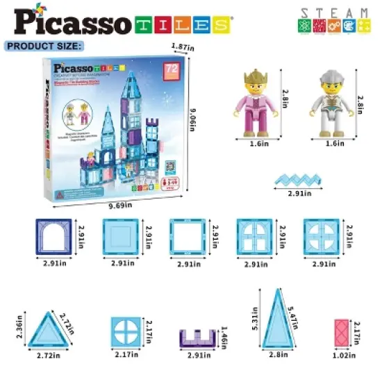 PICASSO-TILES Magnetic Tiles for Kids, 72PCS Ice Castle Theme, Construction STEM Building Blocks Educational Toy image {1}
