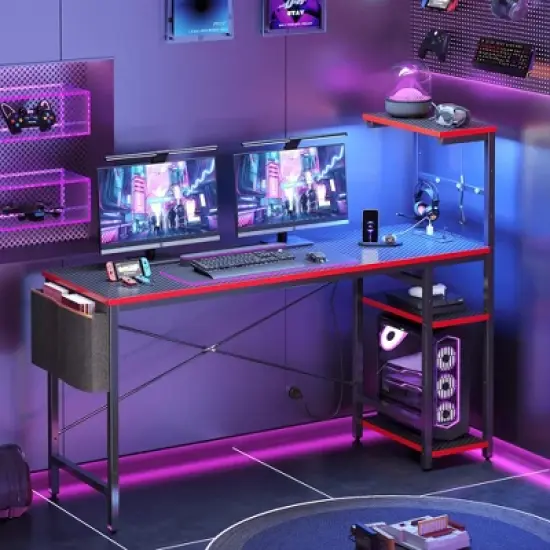 Bestier 61" Reversible Gaming Computer Desk with Power Outlet LED Desk with 4 Tier Shelves image {4}