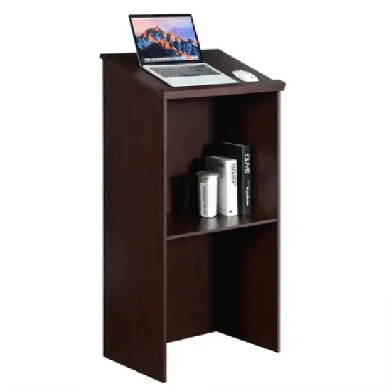 Costway Wooden Floor Standing Podium Speaking Lectern w/ Adjustable Shelf & Pen Tray & Cable Holes Brown/Black image {11}