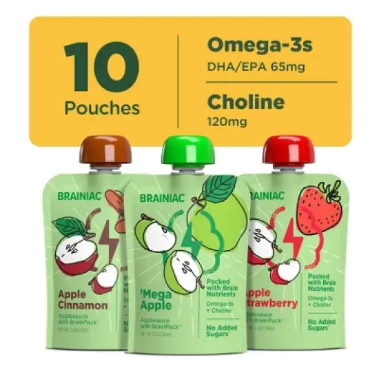 Brainiac Kids Brain Squeezers Applesauce Pouches with Omega-3s Variety Pack Apple, Strawberry and Cinnamon - 3.2oz/10ct image {2}