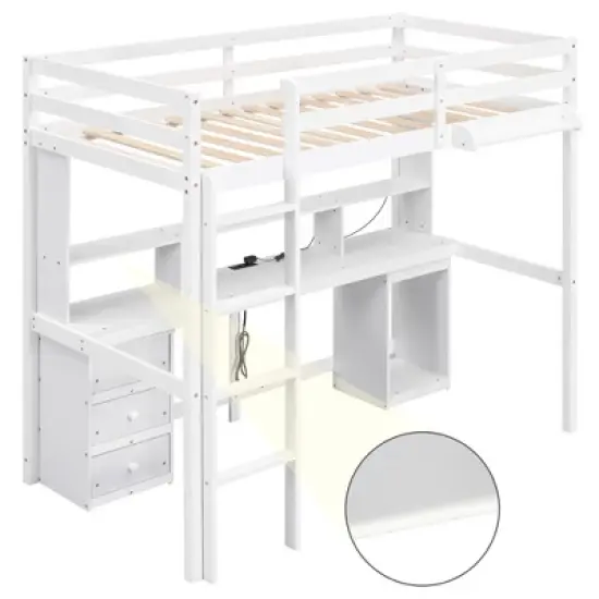 Loft Bed with Multi-Function Storage Table, LED Lights, Bedside Tray and Charging Station, White - ModernLuxe image {4}