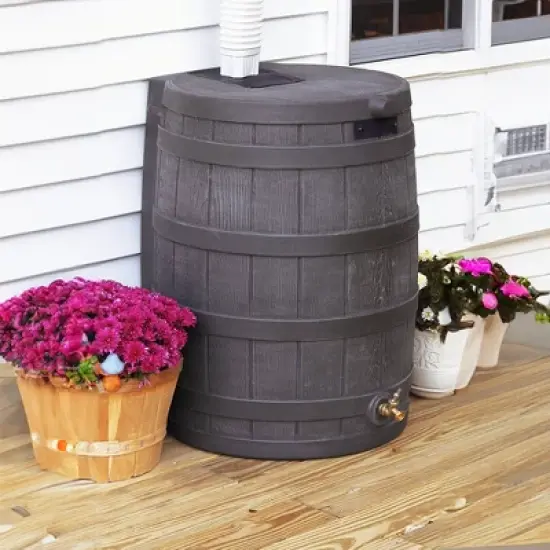 Good Ideas Rain Wizard 50 Gallon Plastic Outdoor Home Rain Barrel Water Storage Collector with Brass Spigot and Flat Back Design, Oak (4 Pack) image {3}