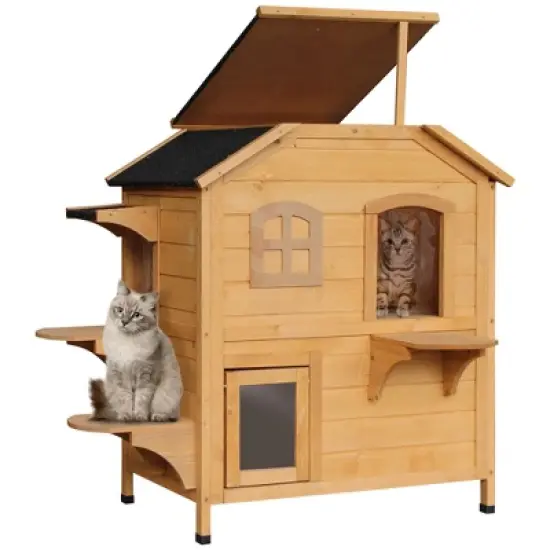 PawHut Wooden 2-Story Outdoor Cat House, Feral Cat Shelter Kitten Condo with Escape Door, Openable Asphalt Roof and 4 Platforms image {3}