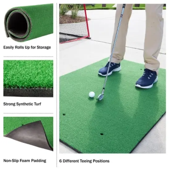 Golf Hitting Mat - 5x3-Foot Artificial Turf Training Mat with 3 Rubber Tees and 6 Different Teeing Positions - Golf Training Aid by Wakeman image {3}