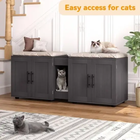 55" Litter Box Enclosure Furniture for 2 Cats，TV Stand/Cabinet Storage Grooves for Living Room image {4}