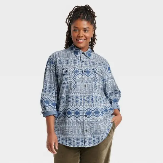 Houston White Adult Long Sleeve African Woven Button-Down Shirt - Blue image {4}