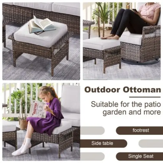 POCASSY Outdoor Ottomans Set of 2, All Wicker Rattan Patio Footrest Ottoman with Cushion image {2}
