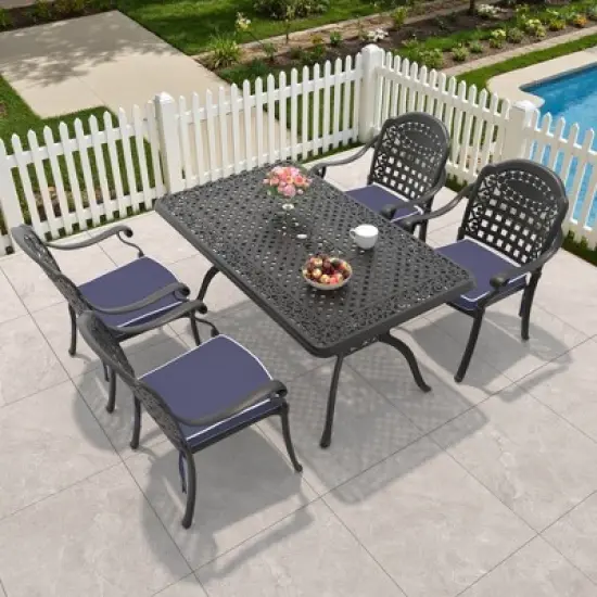 5-Piece Cast Aluminum Outdoor Dining Set: Rectangle Table, Stackable Chairs & Blue Cushions - All-Weather Patio Furniture for Your Backyard image {10}