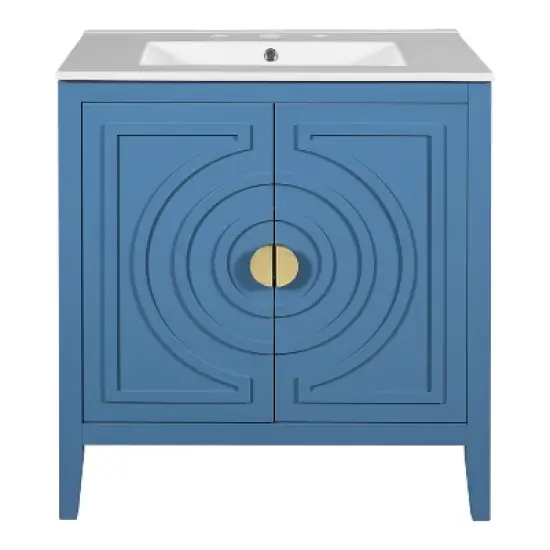 ModernLuxe 30'' Blue Bathroom Vanity with Sink, 2 Soft Close Doors, Hidden Drawer & Adjustable Shelf, Freestanding Storage Cabinet image {7}